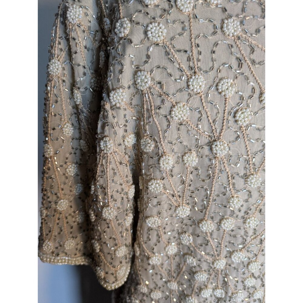Vintage Beaded Short Sleeve Blouse Cream Floral, Size M - Picture 9 of 11